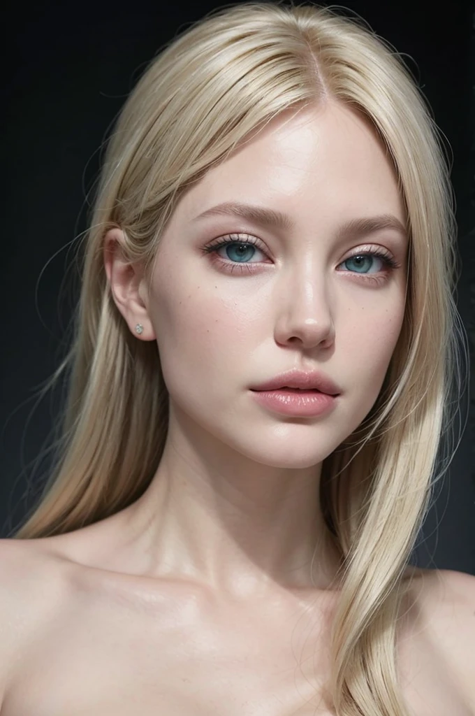 Create an ultra realistic image of a white woman with the following characteristics: platinum blonde hair, piercing green eyes and voluminous lips similar to Angelina Jolie. The image must be high resolution and capture the model&#39;s natural beauty, highlighting facial details and skin textures. Facial expression should be calm and confident, with a slight smile on his lips. baton sensual