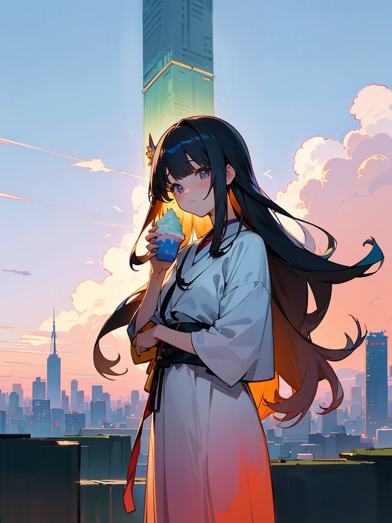 anime、masterpiece、Highest quality、Tokyo metropolitan area in summer、A girl with long hair with a gentle gradient perm、shaved iceをスプーンを持って食べている、Summer gradient dress、The city overlooks the forest、shaved ice