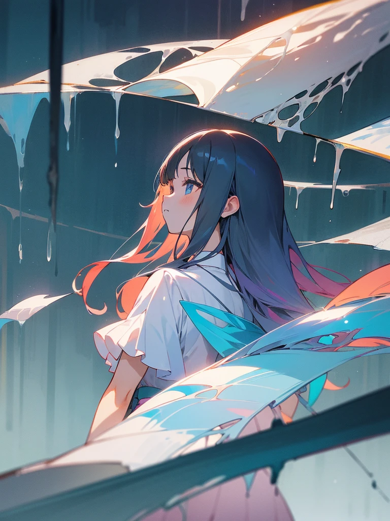 anime、masterpiece、Highest quality、Tokyo metropolitan area in summer、A girl with long hair with a gentle gradient perm、shaved iceをスプーンを持って食べている、Summer gradient dress、The city overlooks the forest、shaved ice