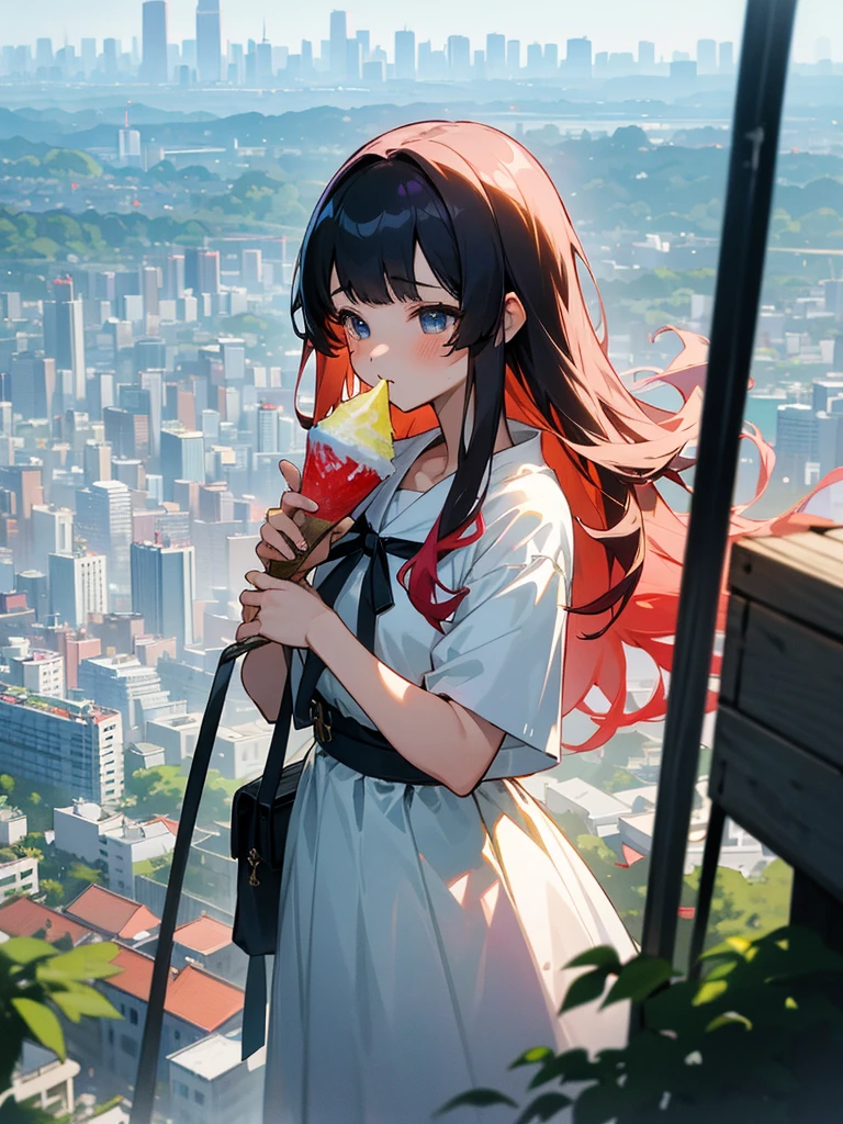 anime、masterpiece、Highest quality、Tokyo metropolitan area in summer、A girl with long hair with a gentle gradient perm、shaved iceをスプーンを持って食べている、Summer gradient dress、The city overlooks the forest、shaved ice