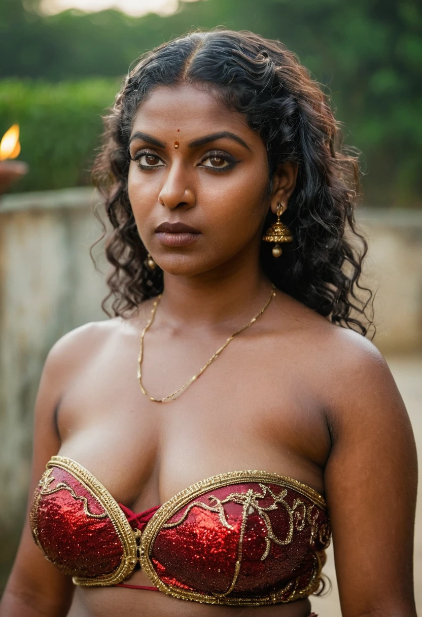 (((photo of a ancient kerala nude goddess ))), (((black kali))) , (((Half Body))), (((very dark skin))), (((45 years old))), (((((very dark nipple and areola))))) (((plus size chubby tall))), (((huge busty milky wet big massive boobs))), (((nude thick thigh))), (((ancient black mini skirt))), ((black skin dark body)), (((red ornaments))), (((depth of field))), ((( flame bokeh))), (((rain))), ((( flashing light leaks))), (((divine))), photorealistic,photo, realism, Getty Images, RAW candid cinema, 16mm, colour graded portra 400 film, remarkable colour, ultra realistic, textured skin, remarkable detailed pupils, realistic dull skin noise, visible skin detail, skin fuzz, dry skin, shot with cinematic,light leaks, RAW Image, DOF, depth of field,bokeh