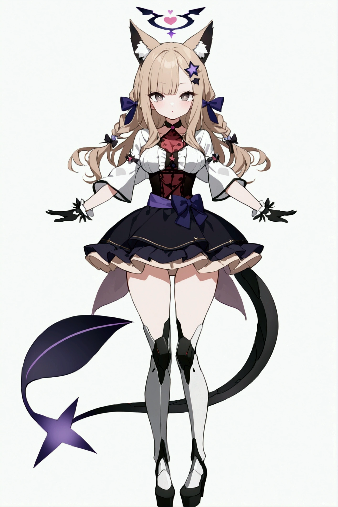 woman 170 cm tall, medium chest, wide hip, slim build, charming look, ((whole body)), (((character design sheet: front view))), (dark blonde hair), ((hip length wavy hair, asymmetrical bangs, star hairpin)), (short braid tied with an elegant purple ribbon on the left side of her hair over her chest), (She has a short braid tied with an elegant purple ribbon on the right side of her hair above her chest), small hair bows at the back of your hair.), ((Gray eyes with a pink 4-pointed star in the pupil.)), (Two black fox ears located on the top of the head.), (Luminous black horizontal halo in the shape of a four-pointed star above the head), He has a black collar with a heart emblem on his neck., (Elegant long one piece dress, knee-length lace and ruffle skirt, large bow at the back of the hip, ribbon decorations and star patterns on the dress), black ruffled gloves, Black platform heels, gray belt at the waist with a large ribbon with a luminous pink heart in the middle, ((It has a small succubus tail that ends in the shape of a heart.)), (((It has complex futuristic mechanical legs that reach up to the thighs., black color with small red and purple details.))), extremely detailed beautiful hair, beautiful detailed dress, extremely detailed arms, extremely detailed face, (Extremely detailed hands), perfect hands, small face, Beautiful detailed eyes, beautiful detailed lips, adorable, extremely detailed legs, (Best Quality, 8k, high resolution), ultra detailed, Exquisite and epic character art, ((White background)), (Focus on symmetry).