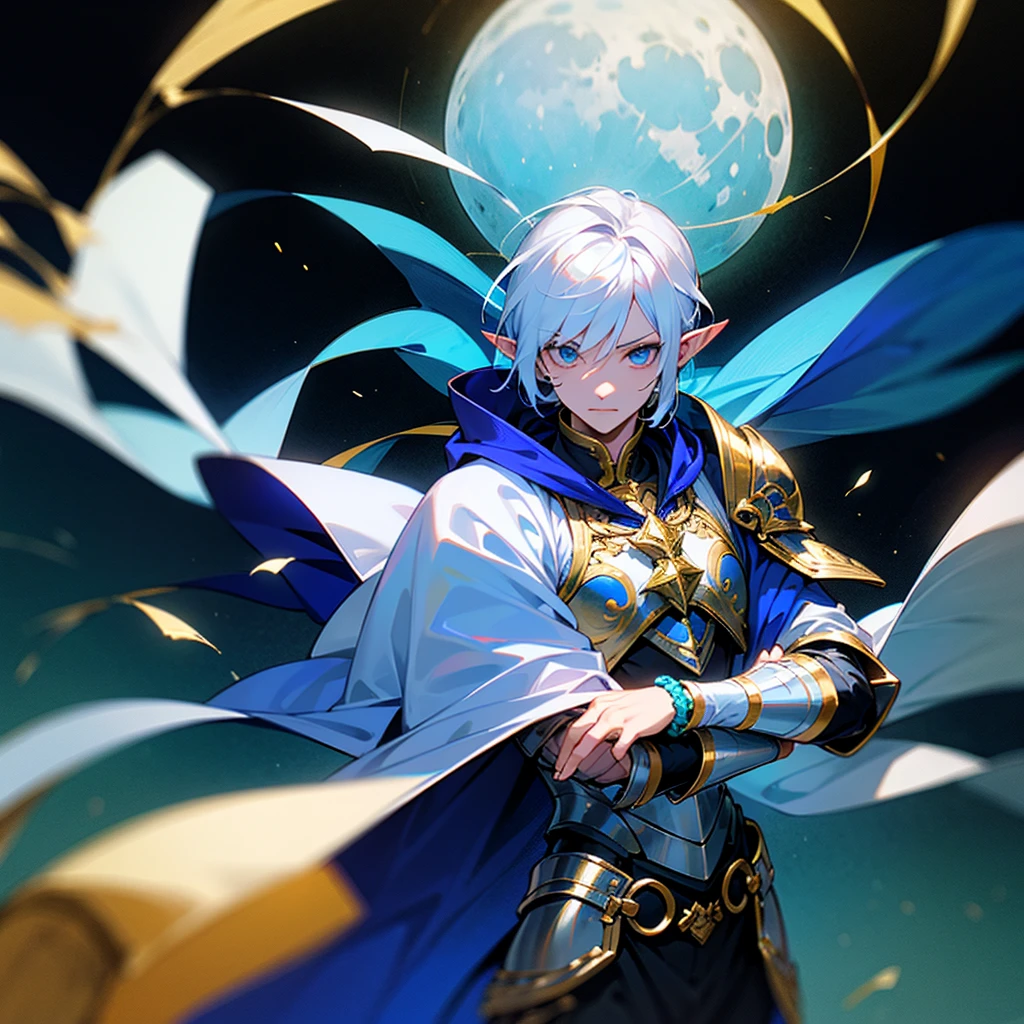 ultra detali, pointy ears, White hair, blue colored eyes, shorth hair, wears silver armor on his chest, on the sleeves he uses a white fabric up to the hands, wears silver bracelets on both hands, wears a blue cape with gold decorations on the back, holding a silver sword in his hand, the cloth is the moon, a face, ethereal lighting, mystical atmosphere, swirly vibrant colors