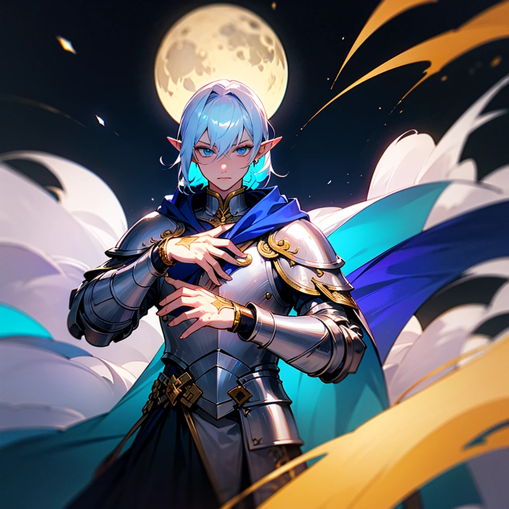 ultra detali, pointy ears, White hair, blue colored eyes, shorth hair, wears silver armor on his chest, on the sleeves he uses a white fabric up to the hands, wears silver bracelets on both hands, wears a blue cape with gold decorations on the back, holding a silver sword in his hand, the cloth is the moon, a face, ethereal lighting, mystical atmosphere, swirly vibrant colors