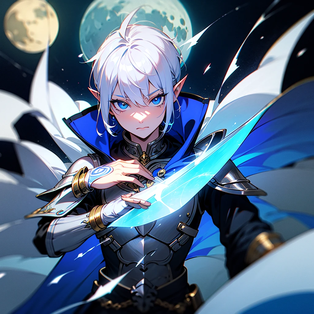 ultra detali, pointy ears, White hair, blue colored eyes, shorth hair, wears silver armor on his chest, on the sleeves he uses a white fabric up to the hands, wears silver bracelets on both hands, wears a blue cape with gold decorations on the back, holding a silver sword in his hand, the cloth is the moon, a face, ethereal lighting, mystical atmosphere, swirly vibrant colors