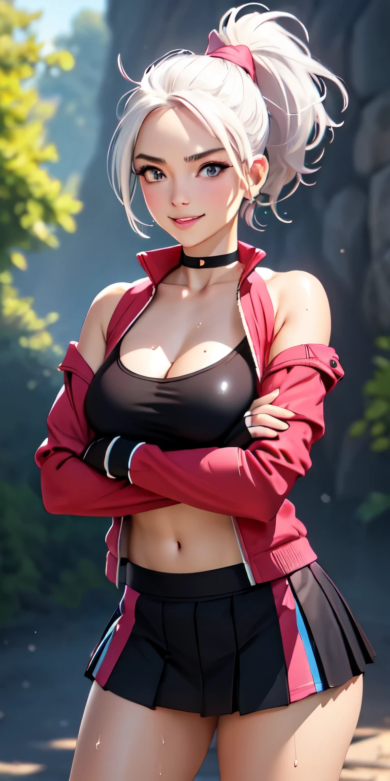 realistic, 1girl, ponytail, parted lips, blush, makeup, light smile, white hair, sportswear, skirt, wet clothes, glow, thighs, purple eye, bare shoulders, collarbone, narrow waist, sunbeam, sunlight, rose, wind, cleavage, (masterpiece), sweat, (best quality:1.2),solo,1girl,mdrin,smile,looking at viewer,crossed arms,ponytail,v-shaped eyebrows,white jacket,red shirt,fingerless gloves,black skirt,choker