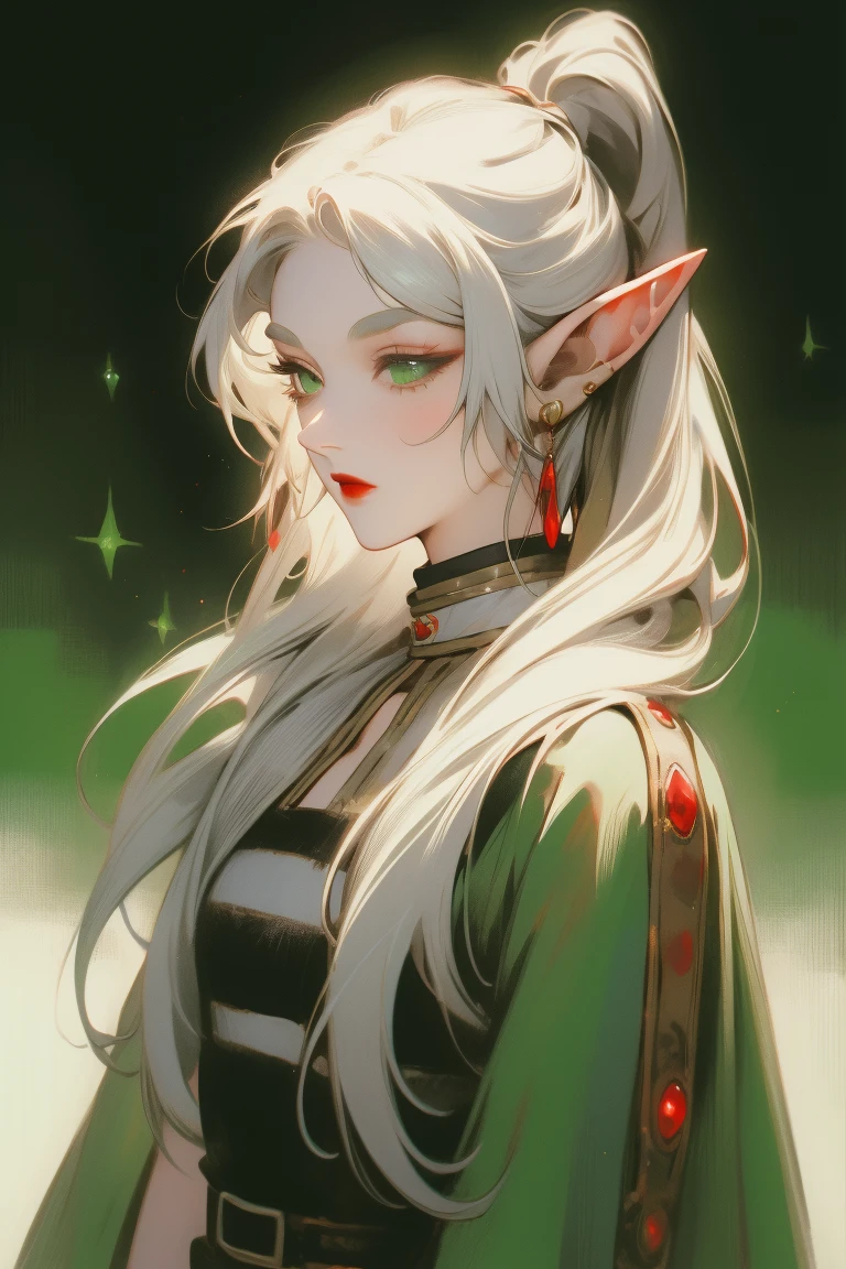 Standing with upper body, Honey, solitary, White skin, Long gray hair, Double ponytail hairstyle, (Elf ears), Green Eyes, Like a gem, earrings, Red Eyeshadow, Red lips, Black Magic Dress, careful, Fake laugh, masterpiece, high quality
