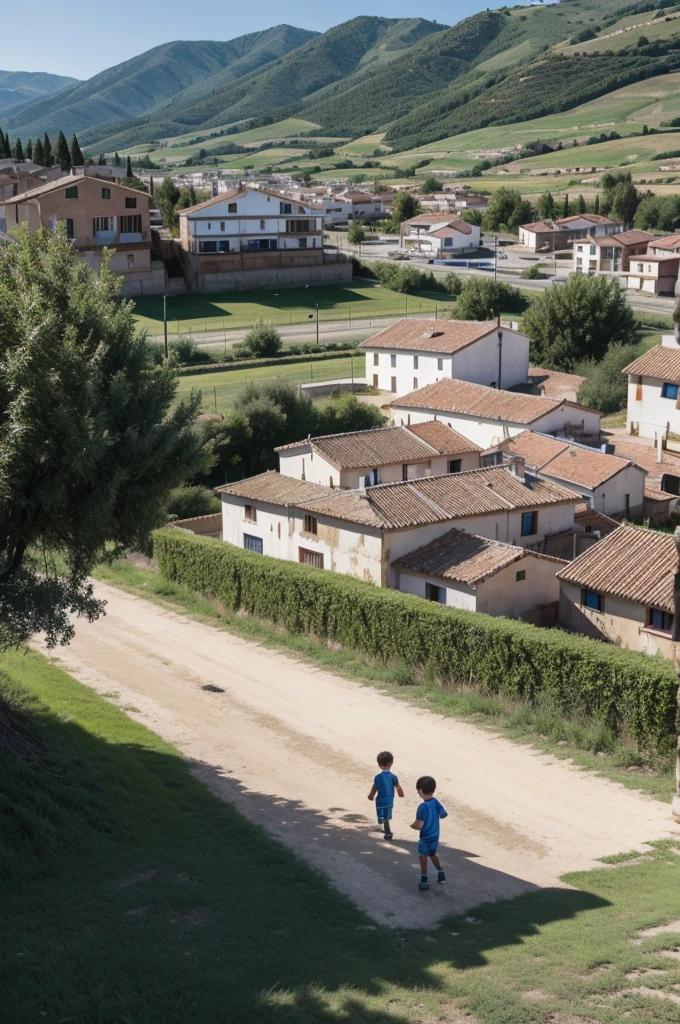 Childhood Scene in Frias, spain: Create an image of a rural Spanish town, with children playing outdoors or a local football field.