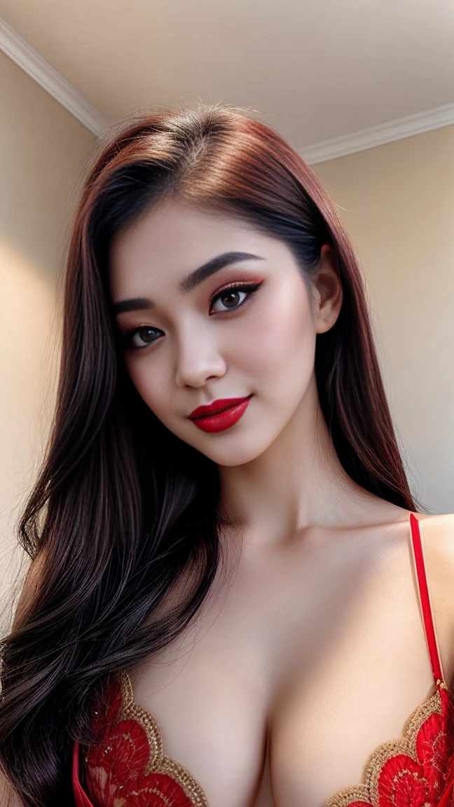 instagram photo, closeup face photo of 20 y.o Chloe in kebaya, Red Lipstick, sensual Lipstick, Sensational Make Up, cleavage, pale skin, (smile:0.4), hard shadows, Red G-STRING, bright lighting 