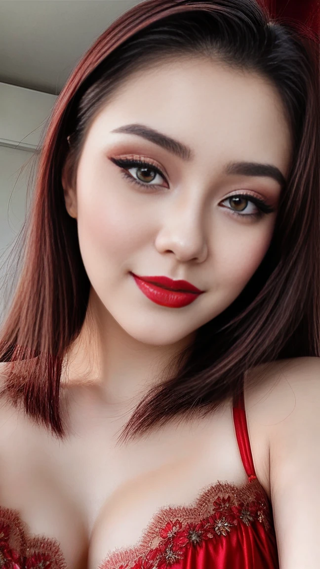 instagram photo, closeup face photo of 20 y.o Chloe in kebaya, Red Lipstick, sensual Lipstick, Sensational Make Up, cleavage, pale skin, (smile:0.4), hard shadows, Red G-STRING, bright lighting