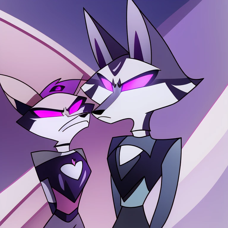 (masterpiece, best quality: 1.2), Vortex Hellhound, a bodyguard, wolf, furry, an amazing boss, hypnotized with glowing purple eyes, serious and angry face, wearing futuristic armor, arresting a female hellhound with normal eyes and scraed face, white fur, wearing civilian clothes, in futuristic room background