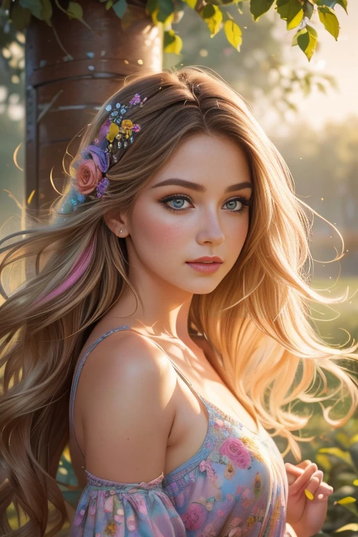 A whimsical girl with long flowing flower hair,dancing in a vibrant colorful field,dreamy watercolor painting,beautiful detailed eyes,beautiful detailed lips,extremely detailed face and portrait,intricate floral hairstyle,magical realism,natural lighting,pastel colors,soft focus,ethereal atmosphere,delicate brushstrokes,lush flora,impressionistic,romantic,fantasy,high quality