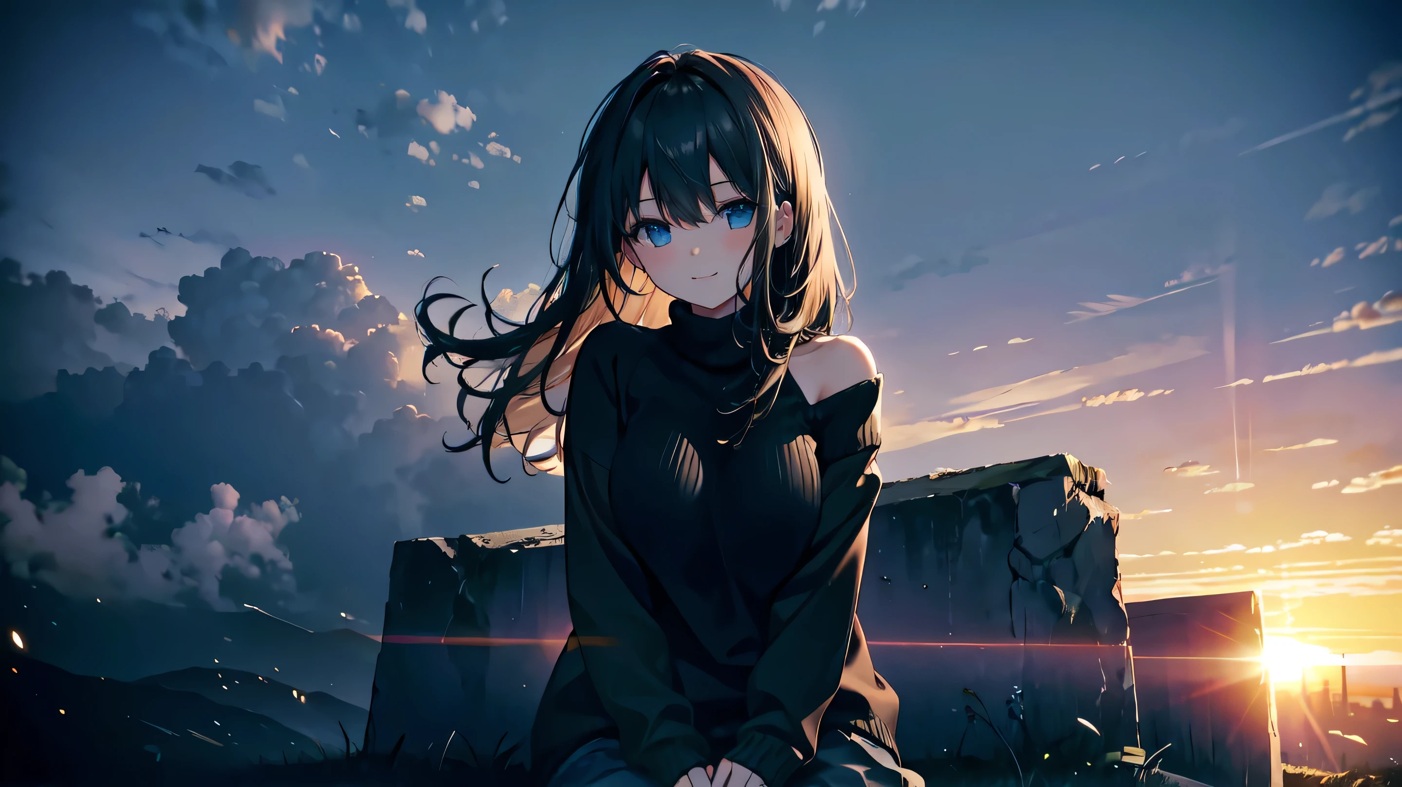 (Dark Scene, Soft lighting, High saturation):1.4, Vivid lighting, Enchanting elegance, Atmospheric Depth, Great technology, Naturalistic representation, Harmonious composition, Creative refinement, Striking contrast, (One Girl, Young Beauty), Sitting, smile, View your audience, From above, Sharp focus, Extra Large_sweater, shoulder, ((sunset)),Volumetric Fog, Outdoor, Backlight