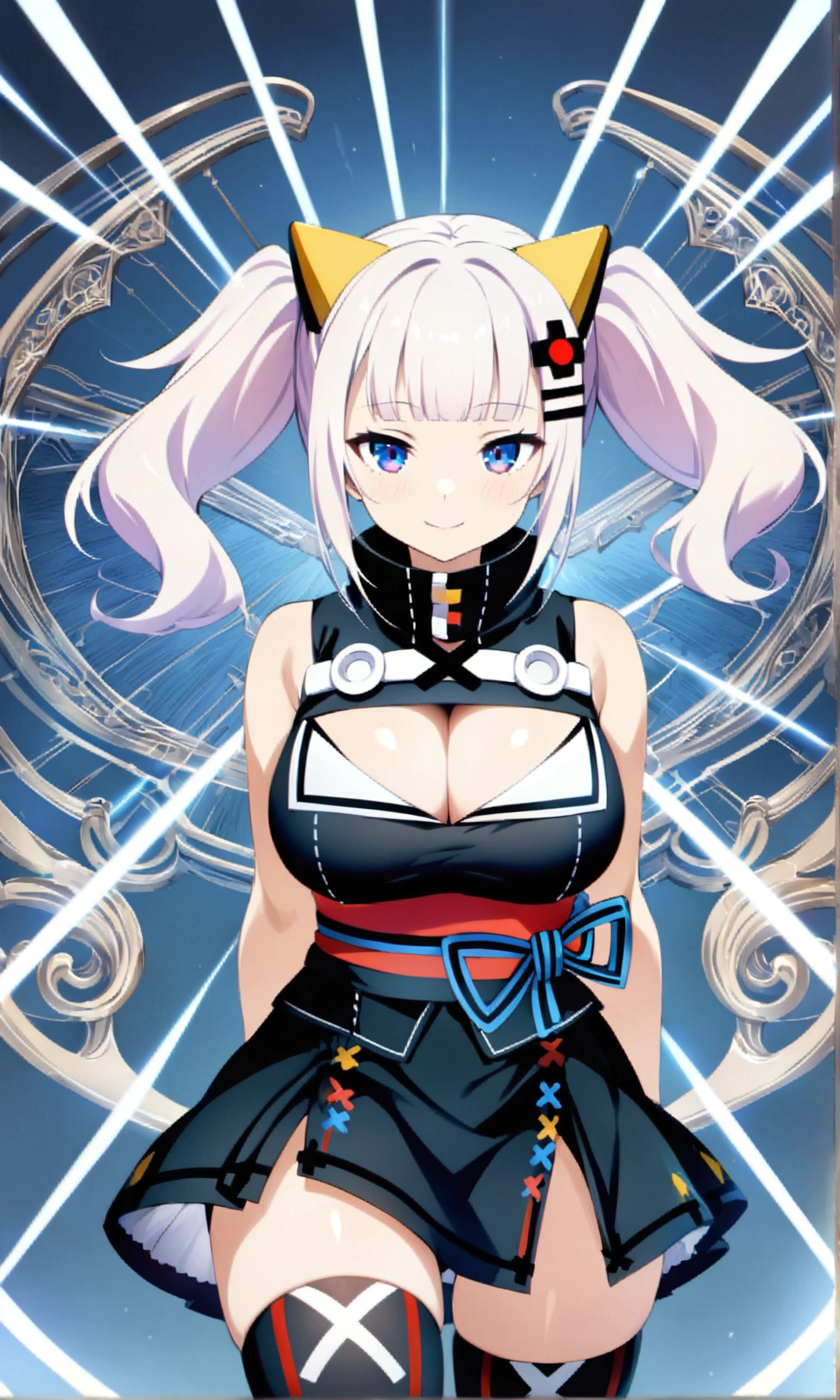 score_9, score_8_up, score_7_up, (best quality, masterpiece).official style, game cg, kaguya luna, very aesthetic, intricate, overall detail, 1 girl, upper cleavage, sash,large breast, black miniskirt, thighhighs, standing, light smile, simple background, facing the front, straight-on, cowboy shot, face focus, intricate, hyper-detailed, 100-layer, {{ultra-high resolution}}, {hi-vision anime},