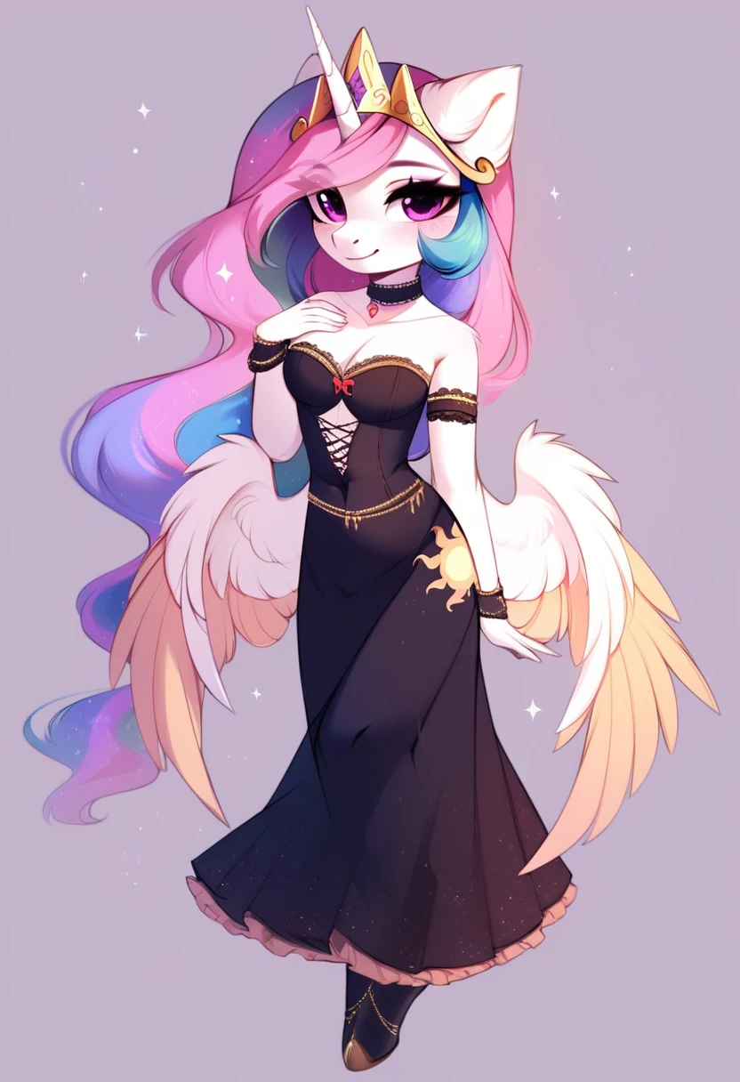 check_9, check_8_up, check_7_up, source_fluffy, rating_safe, from Magnaluna, Celestia poses seductively in a white bedroom, pink eyes, white body, anthro, blushing, wearing tight golden lingerie skirt, full body