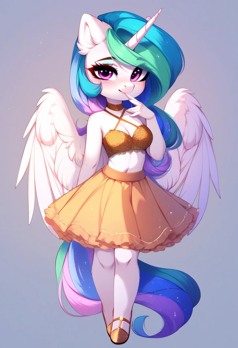 check_9, check_8_up, check_7_up, source_fluffy, rating_safe, from Magnaluna, Celestia poses seductively in a white bedroom, pink eyes, white body, anthro, blushing, wearing tight golden lingerie skirt, full body