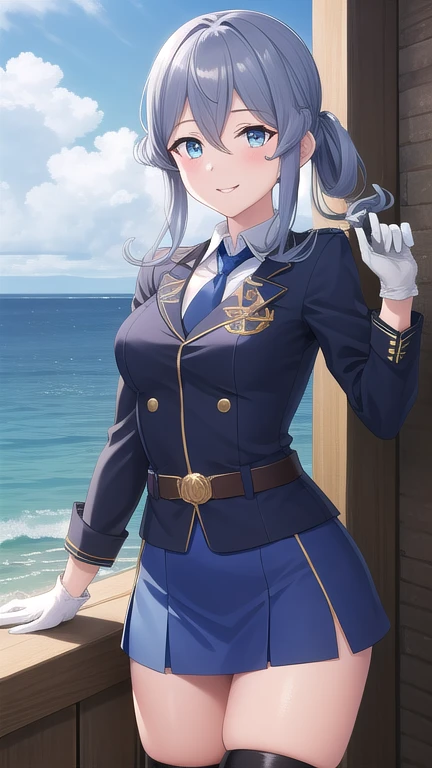 ((masterpiece)),(best quality),official art,extremely detailed CG,unity 8k wallpaper,ultra detailed,A lighthouse on a cliff by the sea,1girl,solo,cowboy shot,half_gloves,mole_under_eye,blue_hair,long_hair,military_uniform,blue_eyes,white_gloves,single_hair_bun,blue_skirt,blue_sailor_collar,black_necktie,collared_shirt,medium breasts,long_sleeves,hair_between_eyes,thigh_strap,rudder_footwear,looking_at_viewer,smile,black_neckerchief,blue_thighhighs,belt,
