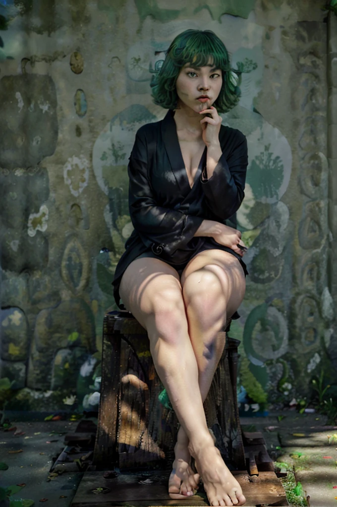 (Masterpiece, Best Quality:1.2), solo, 1girl, tatsumaki, unamused, closed mouth, looking a viewer, hand on our face, sitting, Short black kimono ,big thighs,crossing leg, green hair