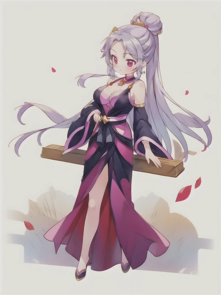 best quality, ((Cute light-skinned baby)),chibi anime,chibi, Long white hair,Shouhui,cute,Pink purple eyes,1girl, ((reading a book)),bare shoulders,(black long sleeves),big breast,cleavage,sit on the chair,Drink tea,teapot,Trees,Bright colors,Left bun,Gorgeous background,Cherry blossoms,Falling petals, sash,halterneck,Sling with falling pink petals,White long skirt,revel,Long skirt,Silver pattern,1girl,Bare legs,big breast,cleavage,Bright colors,Black edge line,White background,jewelry,Jewelry