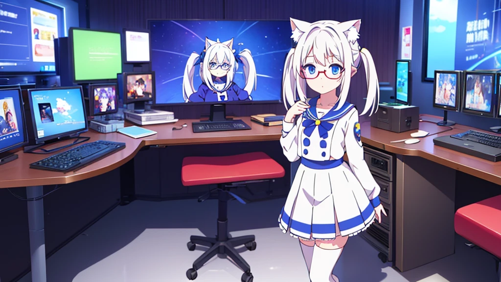 Vtuber adorable cute beautiful cat ears white hair short skirt dress blue eyes stockings on legs glasses in the room with a console controller in her hand gamer brooch on her head full body 