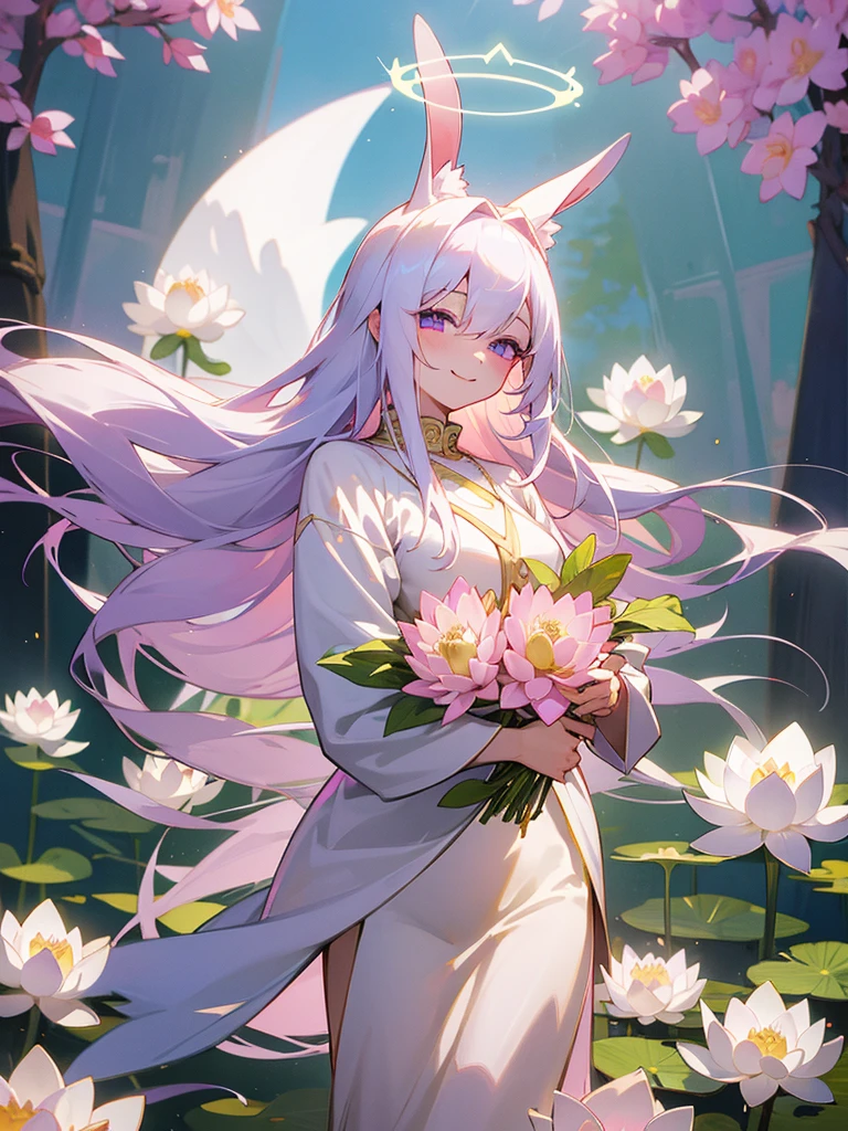Buddha, rabbit ears, long white hair, Pale pink dress, portable shrine, festival, Angel Halo, lotus flower field, purple eyes, smile, swallow, lotus bouquet, gold screen, paradise, Kitty