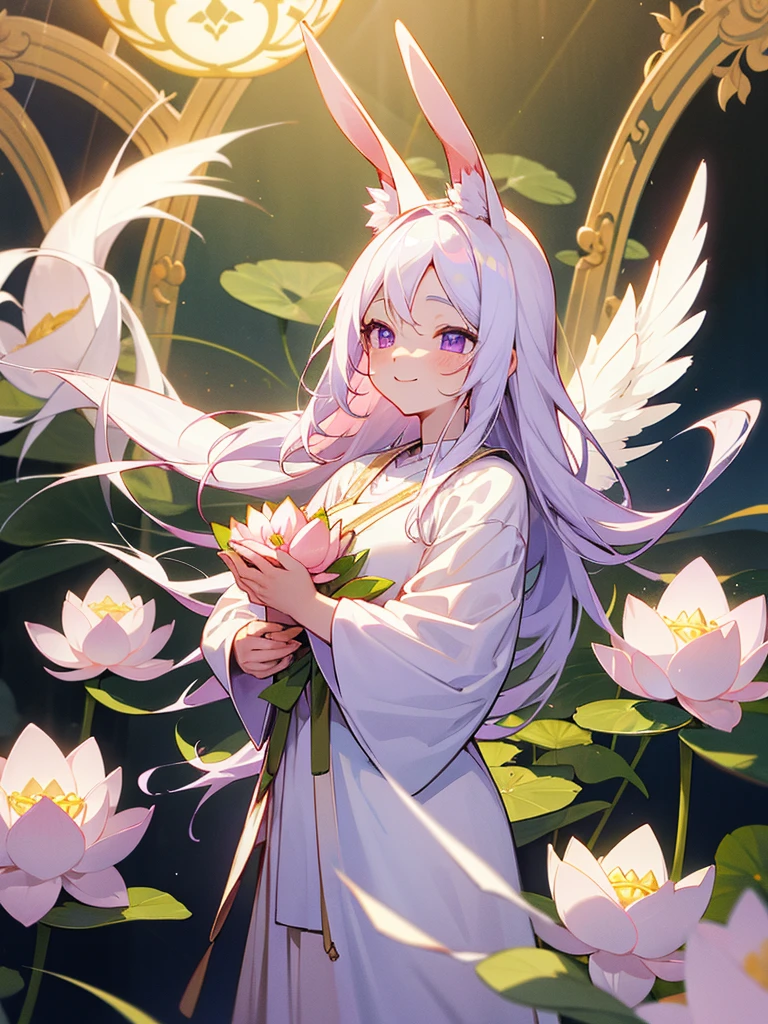 Buddha, rabbit ears, long white hair, Pale pink dress, portable shrine, festival, Angel Halo, lotus flower field, purple eyes, smile, swallow, lotus bouquet, gold screen, paradise, Kitty
