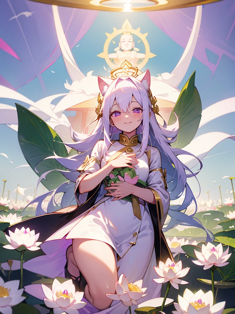 Buddha, rabbit ears, long white hair, white dress, portable shrine, festival, angel halo, lotus flower field, purple eyes, smile, swallow, lotus bouquet, gold screen, paradise, 猫ちゃん