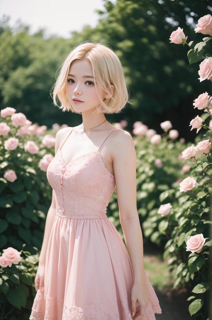 8k, CRU photo, Fujifilm, style photo of a beautiful young woman like Avril in a light pink rose garden (highly detailed skin: 1.2) Style-Petal BREAK short hair, blonde hair with colored highlights, wearing a dress, film grain, 35mm, cute style