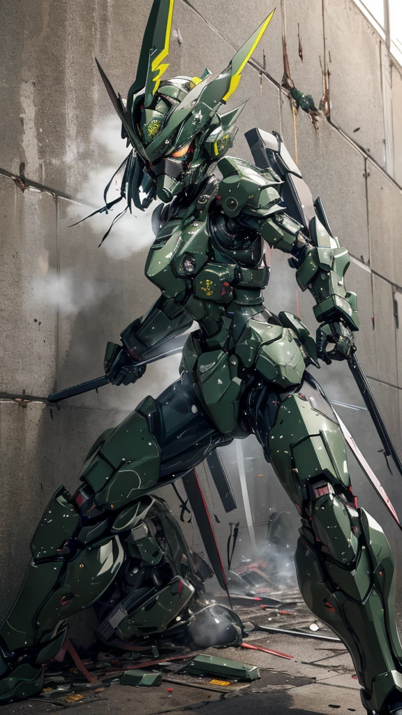 , Advanced Details, high quality, 最high quality, High resolution, 1080P 、Bleeding from the wound、Sexy Eyes、Wearing green and black、cute((The whole body is sweating))(Equipped with a damaged battle suit....)(Dark green armor)(Broken Armor)Black Hair、Chiquita、short hair、Open your mouth、Painful expression、It hurts again、Healthy Skin、20-year-old female defeat (Steam coming out of the face) ((Steam from the body)) Unable to fight Severe attacks ((I was thrown against the wall、Head gear is broken. )) flying debris bare hands Armor Stripping Gas mask explodes