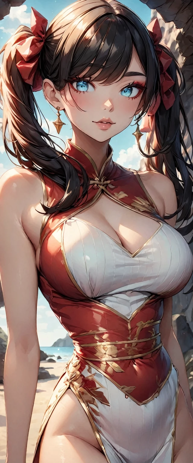 Photo of a woman with natural skin, Upper Body, Seaside cave, The light is shining in, High Twintails, Black hair with red mesh, Sharp eyes with red eyeshadow, Blue-green eyes, Shining eyes, A thin, upturned nose, Well-shaped lips, Big Breasts, ((China dress, Short sleeve)), barefoot, Makeup, Exquisitely crafted with the utmost attention to detail, Vibrant, amazing, Smooth, Cinematic, 4K, Backlight, (()), Shallow depth of field, ((Detailed eyes:1.3, Detailed lips:1.3, high quality, )), masterpiece, Super detailed images, High quality