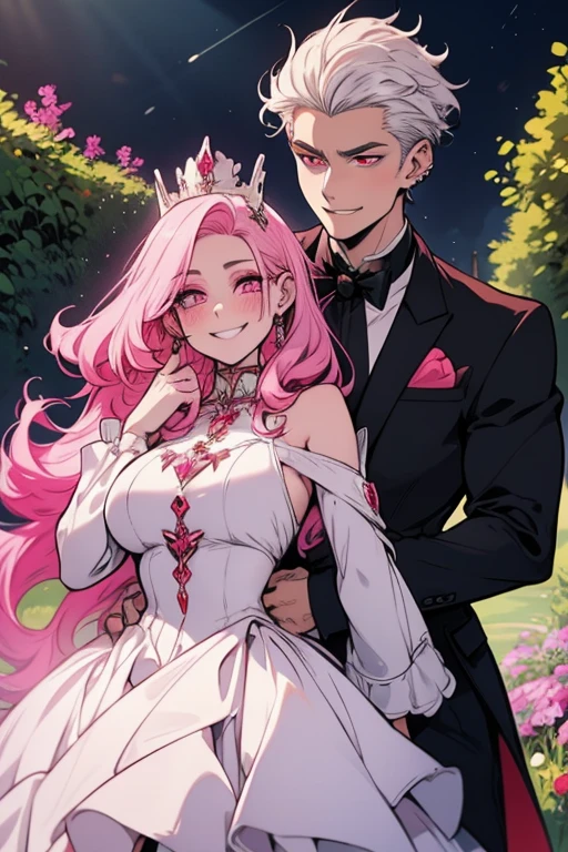 One man. One woman.Perfect faces. Perfect hands. A young white haired man with red eyes in an ornate suit is kissing a pink haired queen with violet eyes with an hourglass figure in a ballgown in the garden with a big smile
