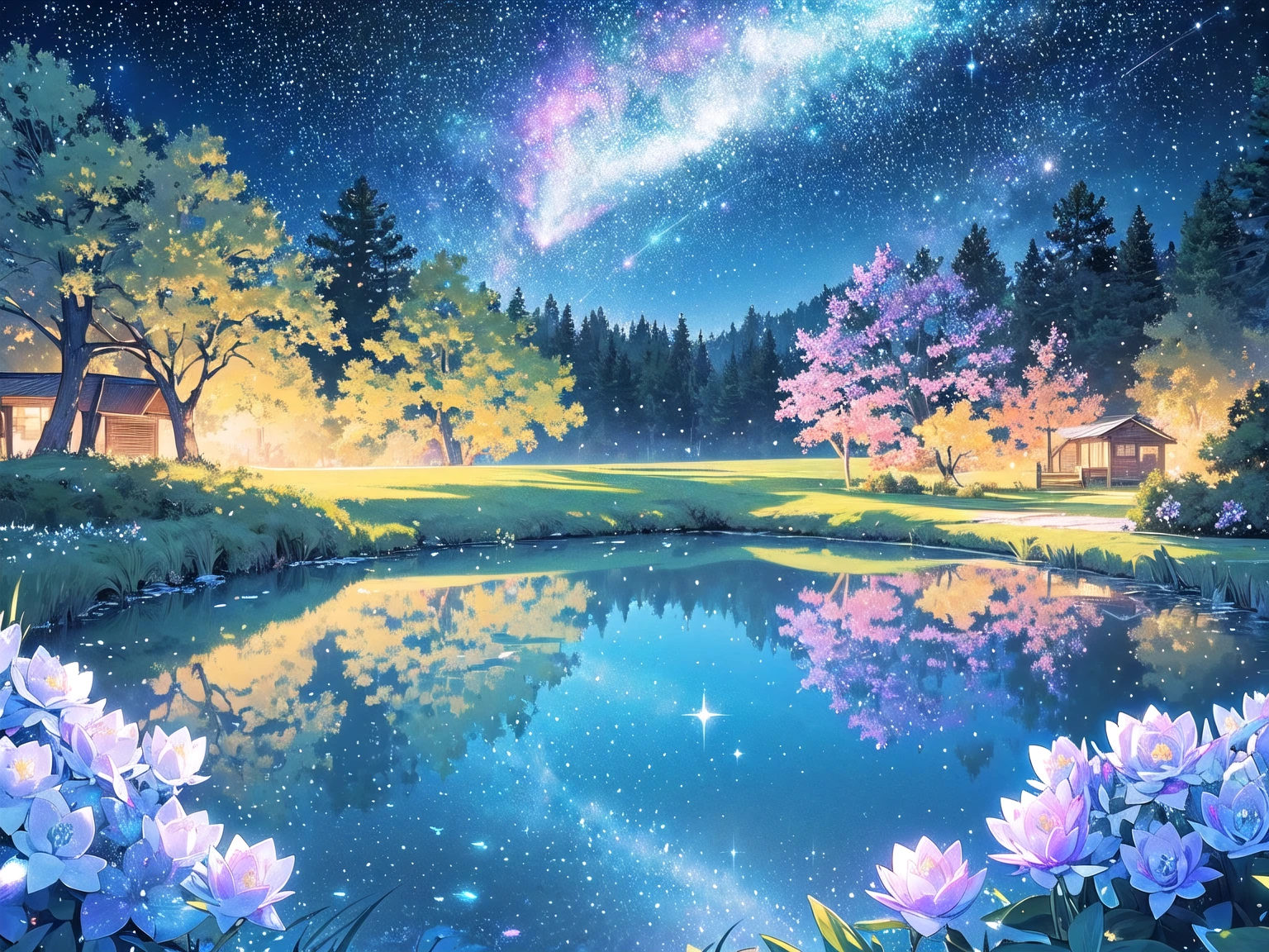 Mystical landscape with ((luminous starry blue and white flowers emitting light particles surrounding pond)),softly glowing butterflies, single beautiful vivid purple sakura tree, (((unique view with extremely vivid multicolors without any people))), {extremely detailed 16k CG unity wallpaper}, expansive natural landscape photography, (wide open field view), (low angle shot),complex details, (iridescent colors: 1.6), (dark night lighting), (atmospheric lighting), Dreamy, unique, no people, reflections perfect,(no humans),landscape only, pixiv_fantasia,((starry glittering pond,water filled with shimmering stardust)),dark night