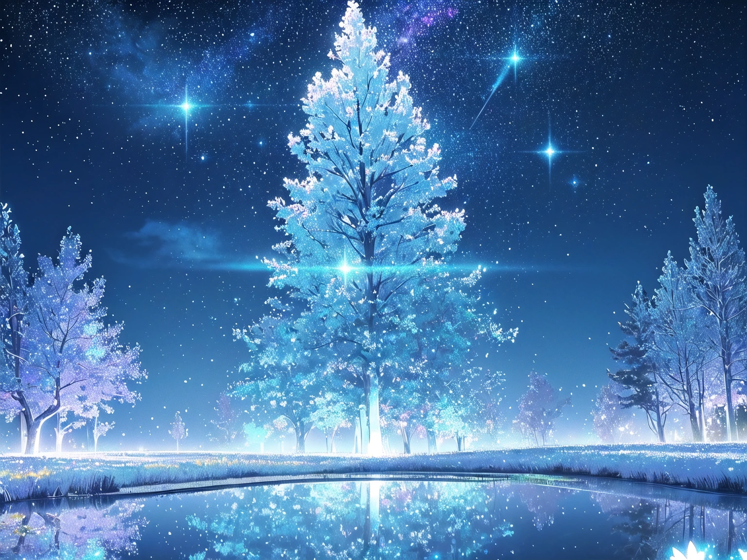 Mystical landscape with ((luminous starry blue and white flowers emitting light particles surrounding pond)),softly glowing butterflies, single beautiful vivid purple sakura tree, (((unique view with extremely vivid multicolors without any people))), {extremely detailed 16k CG unity wallpaper}, expansive natural landscape photography, (wide open field view), (low angle shot),complex details, (iridescent colors: 1.6), (dark night lighting), (atmospheric lighting), Dreamy, unique, no people, reflections perfect,(no humans),landscape only, pixiv_fantasia,((starry glittering pond,water filled with shimmering stardust)),dark night