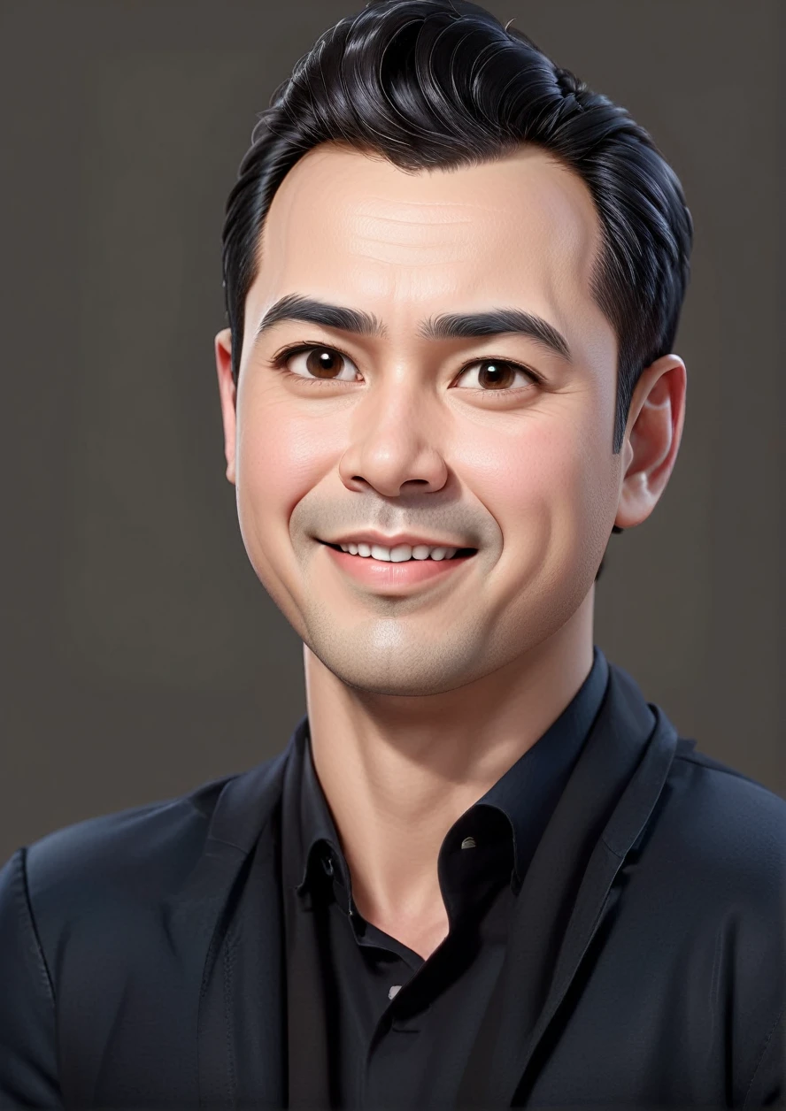 Create a 3D animation of a big-headed cartoon caricature. a 30 year old Indonesian man with short, slightly wavy black hair brushed back, round head facing forward, oval face with a strong jawline, thick straight eyebrows, almond-shaped brown eyes, a straight nose with a slightly rounded tip, symmetrical lips, and a slight friendly smile, wearing a solid blue shirt. Gradient blue background with professional lighting. masterpiece, top quality, highly detailed skin and face, ultra-realistic, high definition, studio lighting, sharp focus, full body view, Concept Art, 3D rendering.