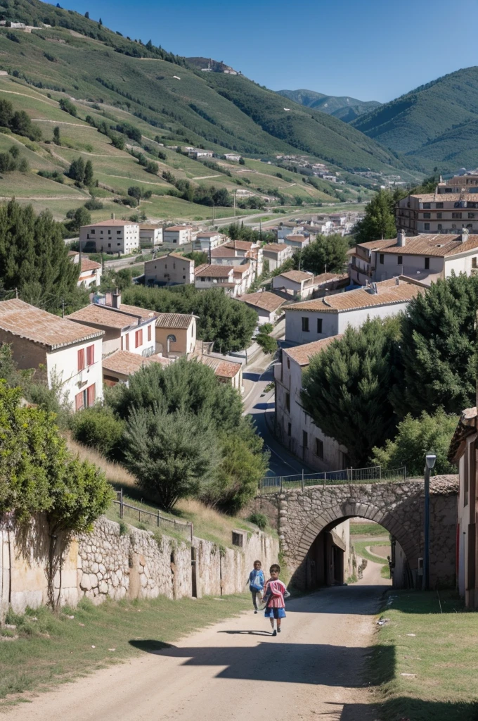 hood Scene in Frias, spain: Create an image of a rural Spanish town, with childlaying outdoors or a local football field.