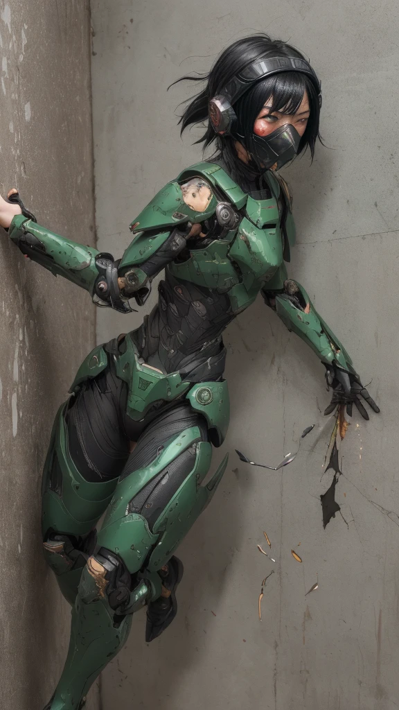 , Advanced Details, high quality, 最high quality, High resolution, 1080P 、Bleeding from the wound、Sexy Eyes、Wearing green and black、cute((The whole body is sweating))(Equipped with a damaged battle suit....)(Dark green armor)(Broken Armor)Black Hair、Chiquita、short hair、Open your mouth、Painful expression、It hurts again、Healthy Skin、20-year-old female defeat (Steam coming out of the face) ((Steam from the body)) Unable to fight Severe attacks ((I was thrown against the wall、Head gear is broken. )) flying debris bare hands Armor Stripping Gas mask explodes