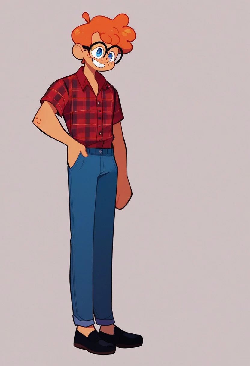 jonathan, solo, smile, orange hair, shirt, 1boy, standing, full body, male focus, buck teeth, collared shirt, pants, grin, red shirt, blue pants, big red plaid shirt six red freckles, black glasses with circular lenses, blue eyes, orange flat top, black shoes, semi dark skin
