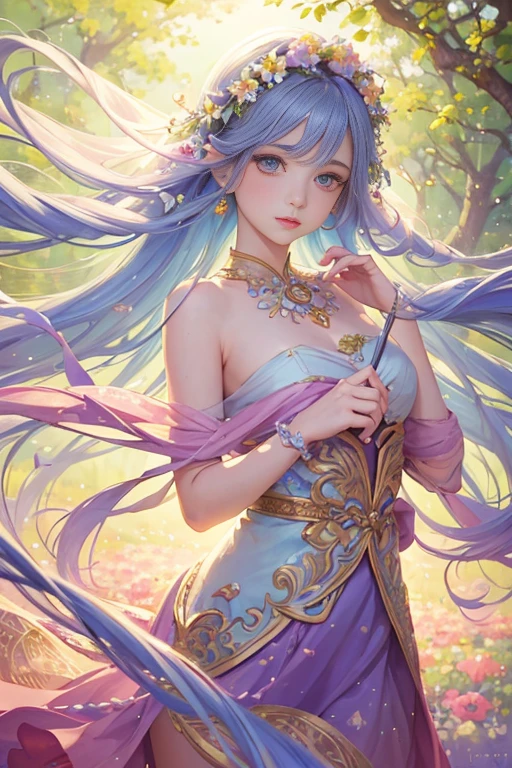 A whimsical girl with long flowing flower hair,dancing in a vibrant colorful field,dreamy watercolor painting,beautiful detailed eyes,beautiful detailed lips,extremely detailed face and portrait,intricate floral hairstyle,magical realism,natural lighting,pastel colors,soft focus,ethereal atmosphere,delicate brushstrokes,lush flora,impressionistic,romantic,fantasy,high quality