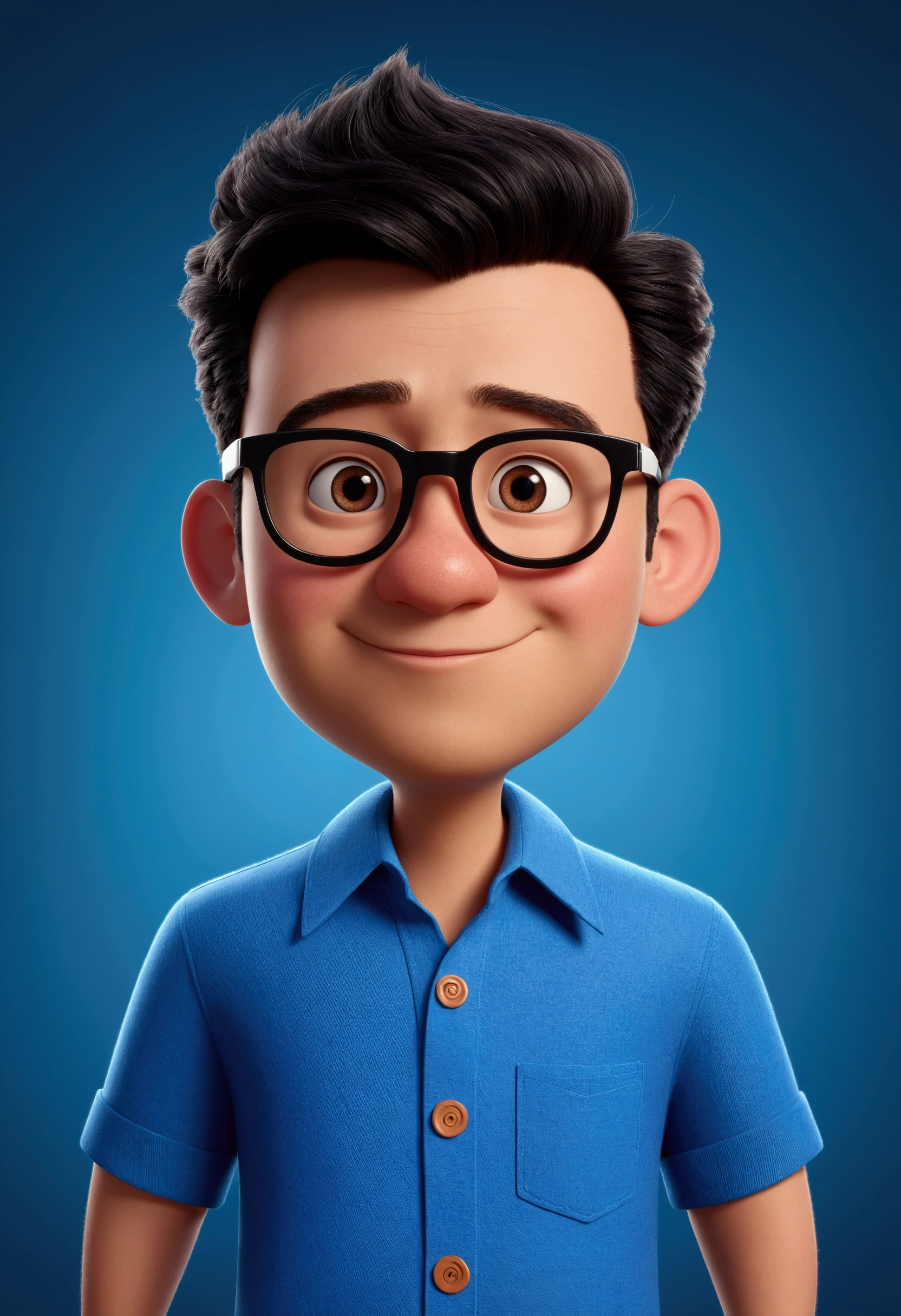 Cartoon character of a man in black glasses and blue shirt, animation character, stylized character, animation style rendering, 3d stylized, Arnold Maya rendering, Stylized 3D rendering, toon render screenshot, 3d character, 3d character, Stylized 3D rendering, 3D character rendering, cartoon character, Personagem de close up, character posing,  (Pixar-style) (master part:1.2) (bokeh) (best qualityer) (skin detailed) (detailed texture) (8k) (Argilla) (cinematic lighting) (sharp focus