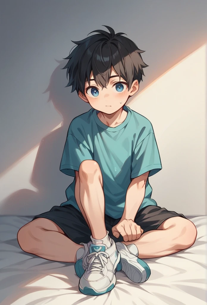Masterpiece, chubby boy with black hair and shiny bright blue eyes and barefoot wearing a hoodie, and oversized sweatpants sitting in a train, young, boy, child,l, toddsoft lit, (sweatpants:1.4), (Boy:1.4), (Shota:1.4), (Young:1.4), (Male:1.4), (smiling:1.4), (foot:1.4), (shy:1.4),