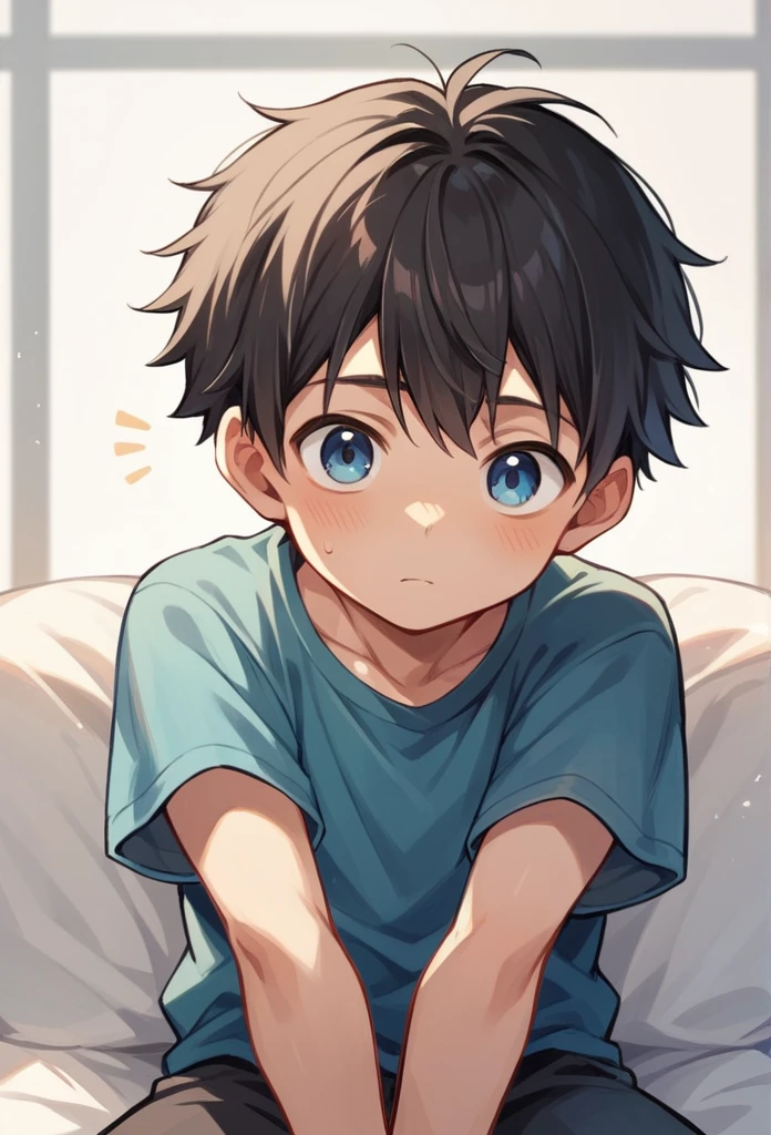 Comic style, comic anime cute boy, black hair, green eyes, slightly blushing, is a , baby clothes, dinot pink, cute face, big eyes, anime drawing style, shota boy size,slim body, boy's body, gay, boys love it, man and boy, heart in pupil baby boy, small boy, aug holdingriend, baby dino clothes, sitting 