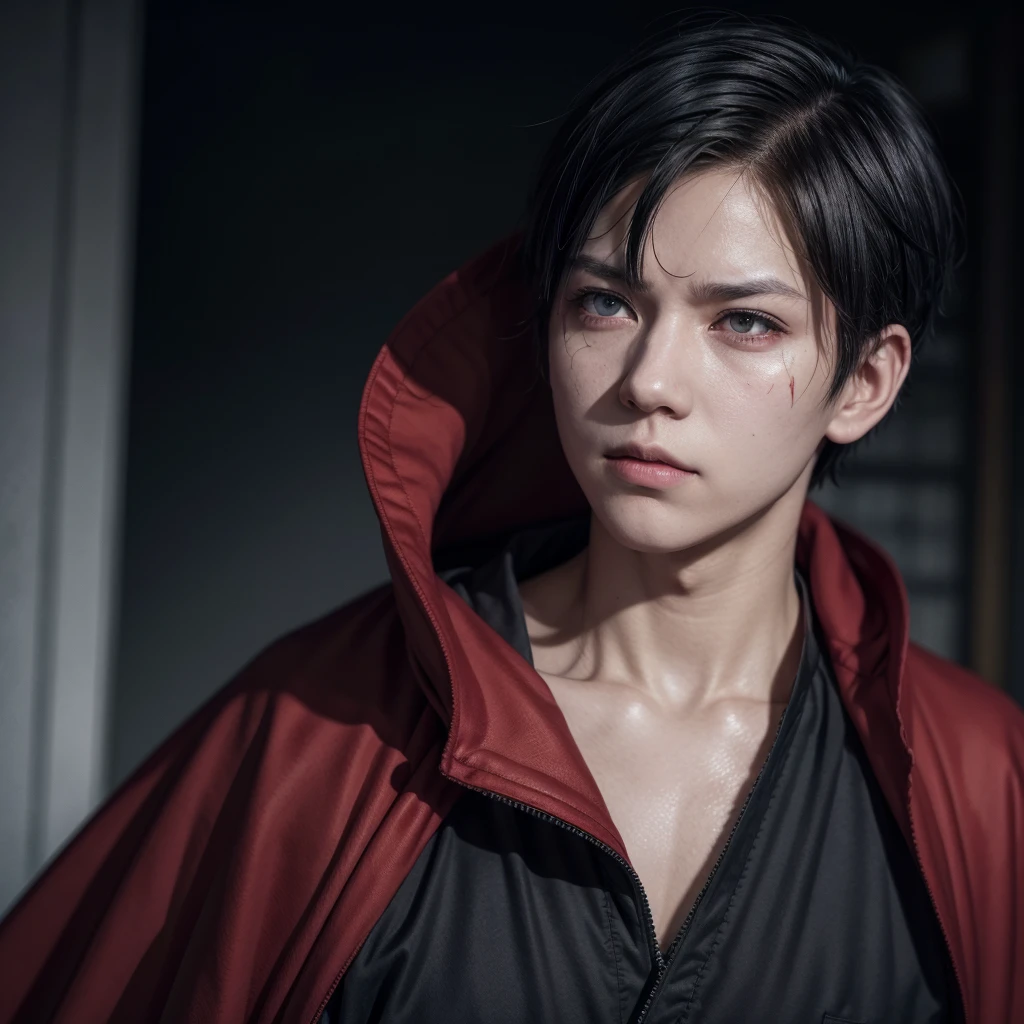 Jujutsu Kaisen people. female character, short hair in dark red cape, with slanted and gray eyes, With a small scar across his left eye, he wears the uniform of Tokyo Wizardry High School., with the detail of being flammable and black, It's a short pleated skirt and a button-down shirt., black stockings and white low heel boots