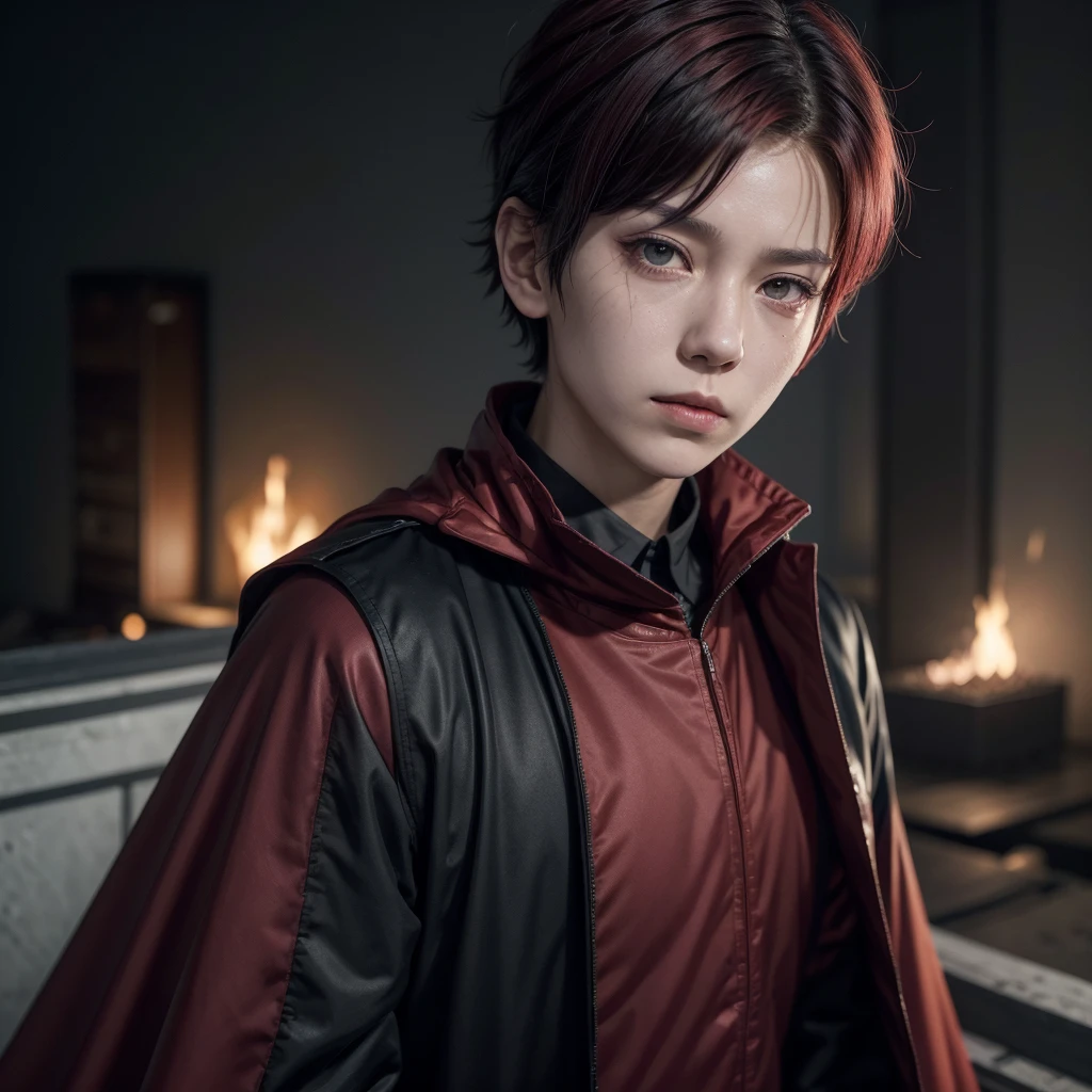 Jujutsu Kaisen people. female character, short hair in dark red cape, with slanted and gray eyes, With a small scar across his left eye, he wears the uniform of Tokyo Wizardry High School., with the detail of being flammable and black, It&#39;s a short pleated skirt and a button-down shirt., black stockings and white low heel boots 
