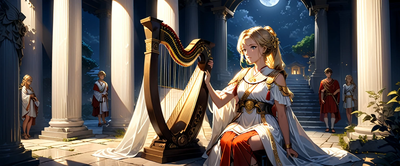 Ancient Greek temple, at night, main characters are two young men and girl, the young man stands, the girl sits, leaning against a pillar, a handsome young man around 20 years old, with loose shoulder-length blond hair, a Roman soldier, wearing liturgical military uniform, Roman sandals and calf and knee pads, standing leaning against the pillar and listening to the music played by a priestess, bowed slightly, holding a Roman helmet in one arm, weight on one leg with the other slightly bent, late at night, inside the temple (dark: 1.3) (unlit: 1.2), moonlight filtering in at an angle, illuminating him clearly, a young priestess sits inside the temple a little distance from him, (playing a harp:1.5) larger than her, holding it in front of her, late at night, inside the temple (dark: 1.3) (unlit: 1.2), moonlight filtering in at an angle, illuminating her faintly. Highly detailed, photorealistic, realistic lighting, intricate architecture, ornate decorations, cool color palettes, golden accents, soft fabric textures, seductive facial expressions, graceful poses, cinematic compositions, natural lighting, realistic shadows, mysterious atmosphere, hyper-realistic, award-winning art