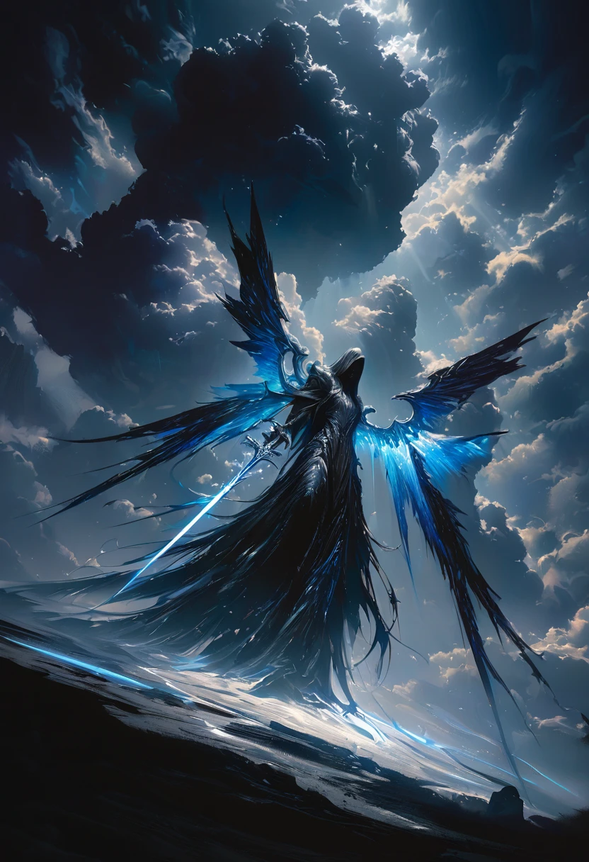 (masterpiece, best quality: 1.2), Underground Angel, Folding wings, Holding a blue silver cross, moonlight, partly cloudy, Dark fantasy illustration style, Dark Arts, High contrast, Dark Shadows, Atmospheric perspective , Melancholic colors, work, Volumetric Lighting, number, Brushstrokes, Dramatic Lighting, Low Angle, Surrealism, Very detailed, Surrealism