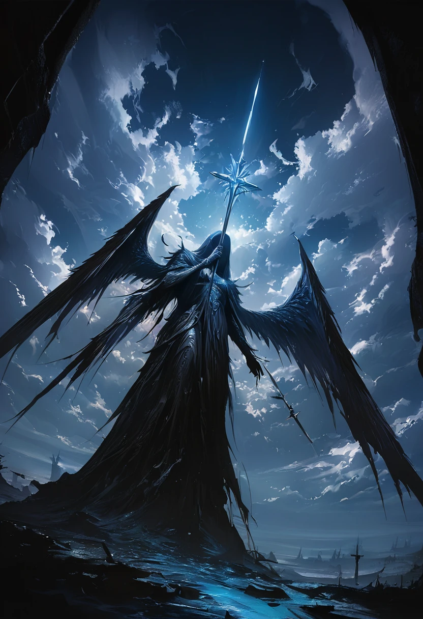 (masterpiece, best quality: 1.2), Underground Angel, Folding wings, Holding a blue silver cross, moonlight, partly cloudy, Dark fantasy illustration style, Dark Arts, High contrast, Dark Shadows, Atmospheric perspective , Melancholic colors, work, Volumetric Lighting, number, Brushstrokes, Dramatic Lighting, Low Angle, Surrealism, Very detailed, Surrealism