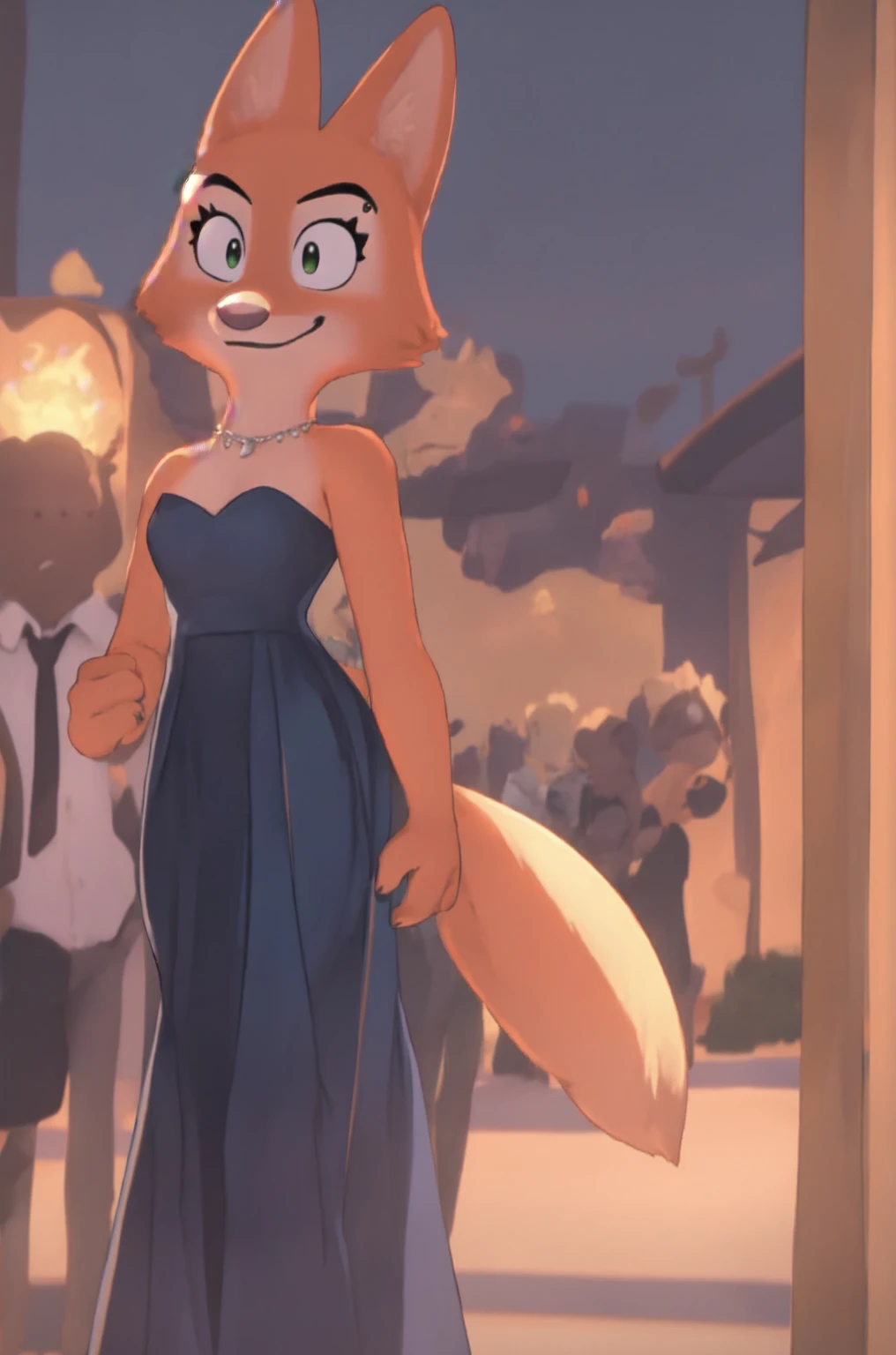 diane foxington, female, fox, orange fur, green eyes,single, sexy, curvy, smirk, 4 fingers, busty, wearing a black strapless sleeveless lingerie, tail, shiny, hd 8k