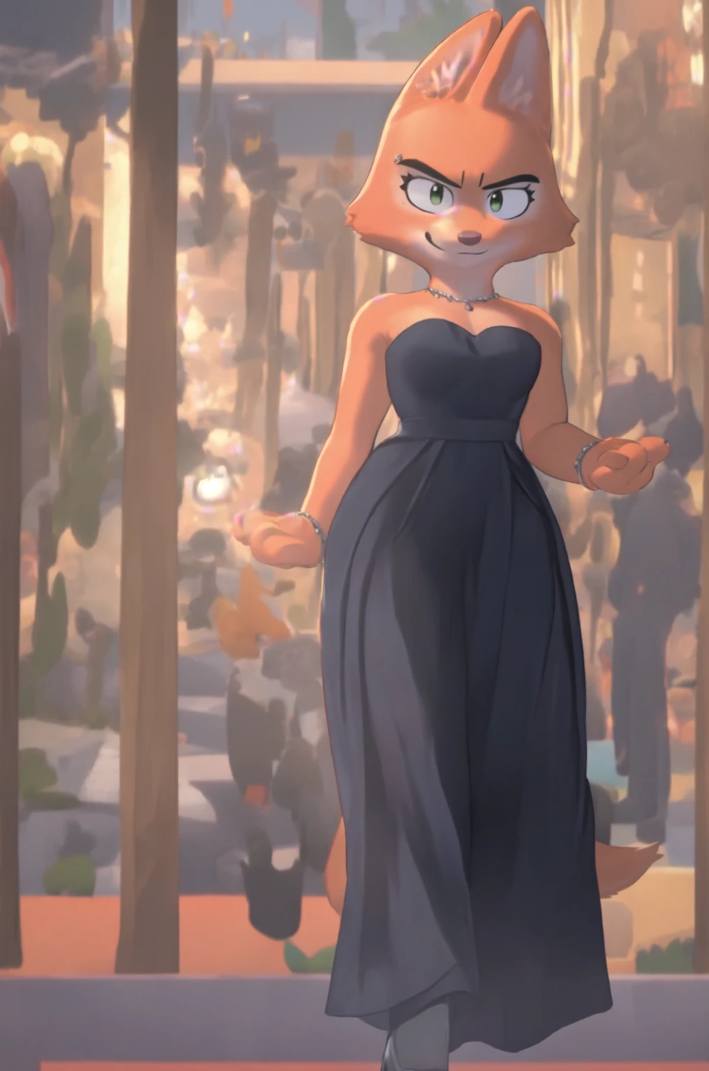 diane foxington, female, fox, orange fur, green eyes,single, sexy, curvy, smirk, 4 fingers, busty, wearing a black strapless sleeveless lingerie, tail, shiny, hd 8k