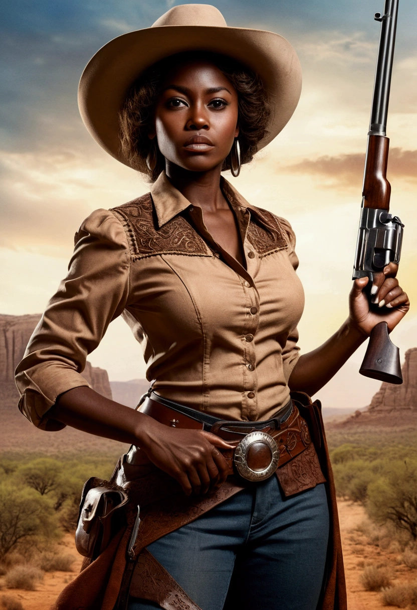 full body (((complete body))) (((barefoot))) sexy dark skin black woman detailed beautiful face cowgirl wearing a cowboy hat sexy (((topless))) sexy small breast shorts with large belt buckle hoop earrings necklace bracelets white knee high stocking, gunbelt with a cowboy (((1revolver))) on her hip