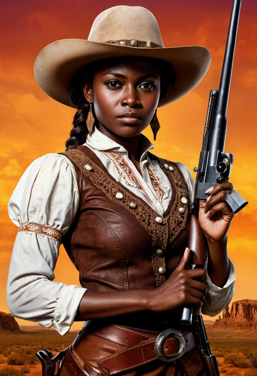 creative western film cover with an African Woman, darkskin, western film character, Sexy girl with brown eyes, ultra realist, meticulously detailed, wearing period clothes. she is holding a rifle. The image is a western film cover